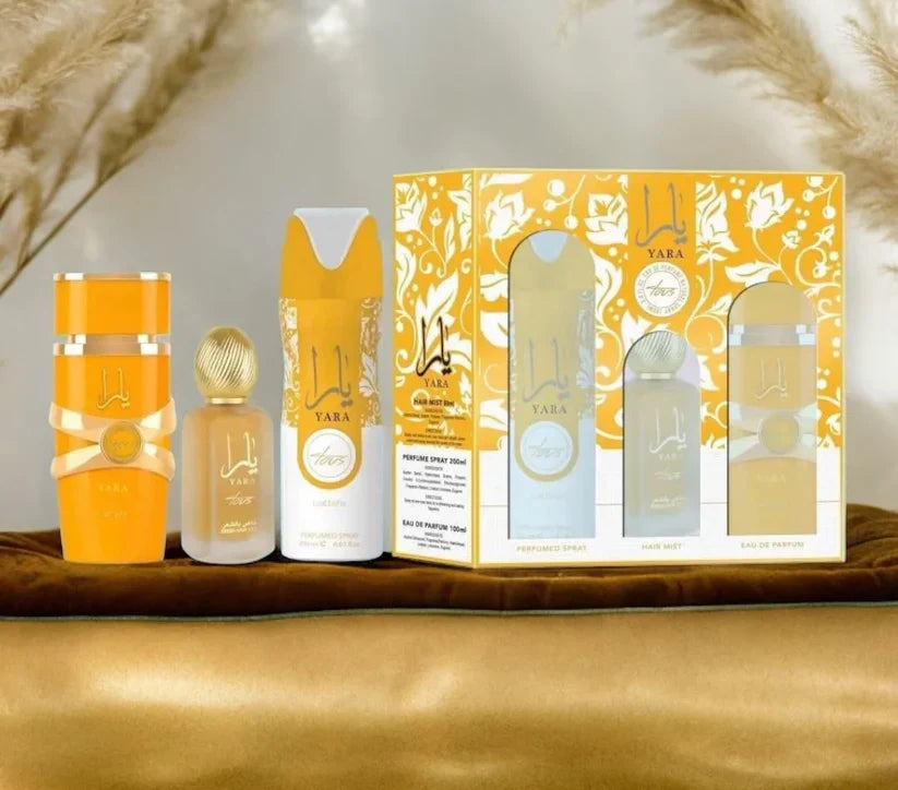 Yara Tous Collection Gift Set 3.4 Oz/100 ml By Lattafa EDP + 1.7 Oz Hair Mist + 6.8 Oz Body Spray