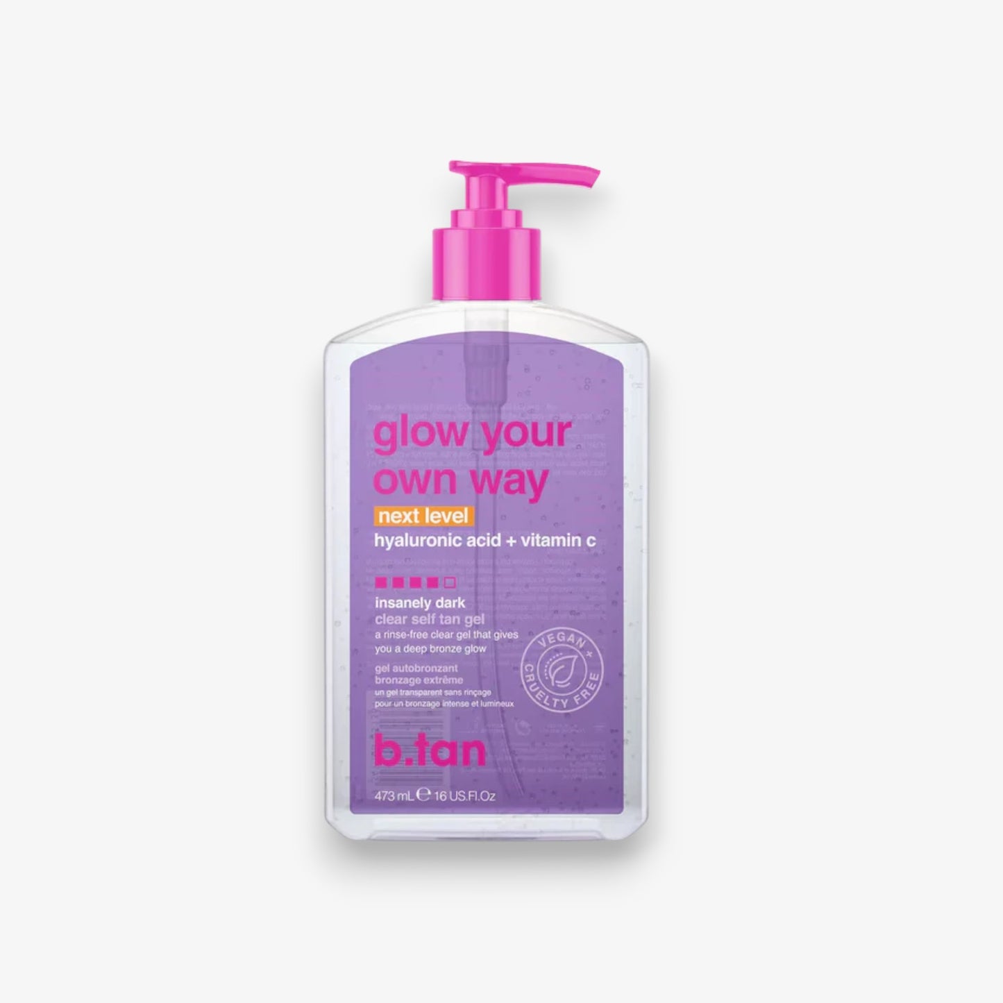 B.tan Glow Your Own Way Next Level Gel Autobronceador Transparente Ultra Oscuro 16.0 oz.