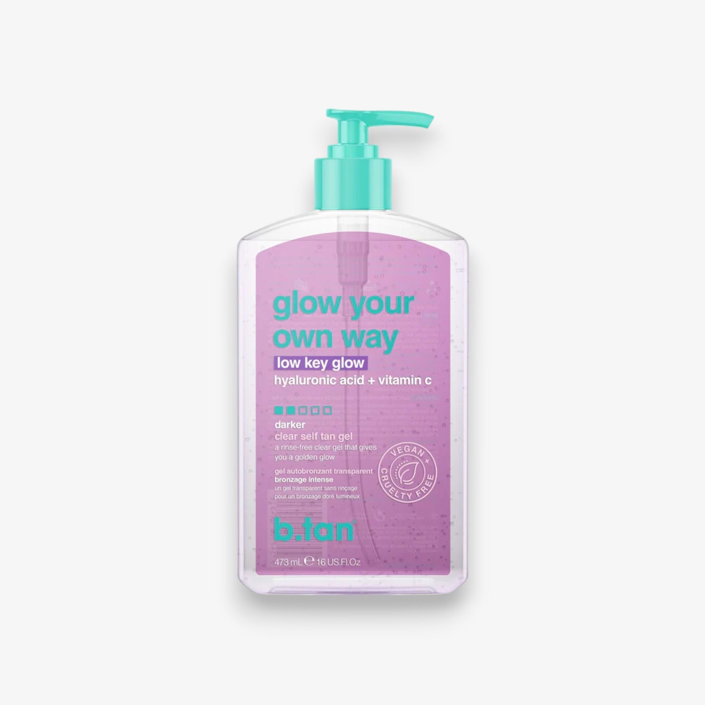 B.tan Glow Your Own Way ow key glow darker Gel Autobronceador Transparente para un Brillo Más Oscuro 16 Oz / 473 mL