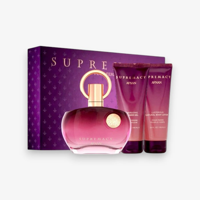 Supremacy Purple Gift Set By Afnan EDP Perfume for Women 3.4 oz/100 ml + Body Lotion + Shower Gel