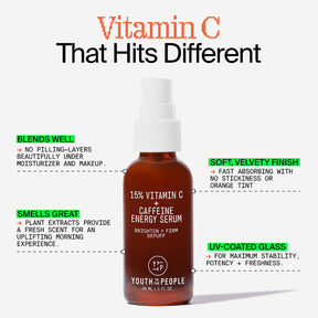 Youth To The People 15% Vitamin C + Caffeine Energy Brightening Serum for Uneven Tone 1 oz / 30 mL