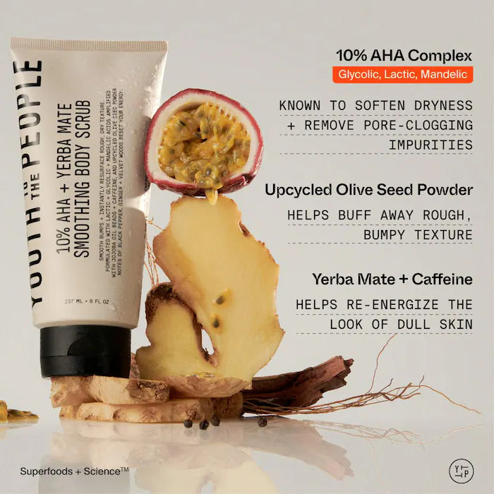 Exfoliante Corporal Energizante de Yerba Mate con Polvo de Semilla de Oliva Reciclada de Youth To The People 8 oz / 237 mL